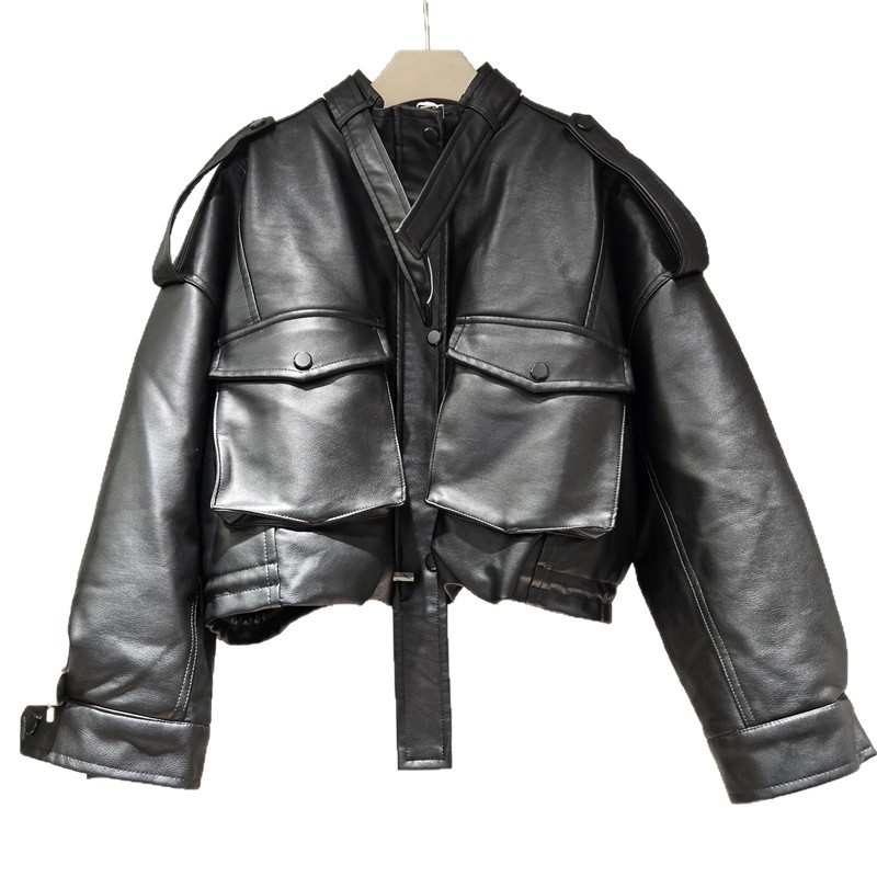 Vintage estilo americano de alta sensación abrigo de cuero otoño invierno suave pegajoso corto pu abrigo de motocicleta chaqueta de algodón top image 5