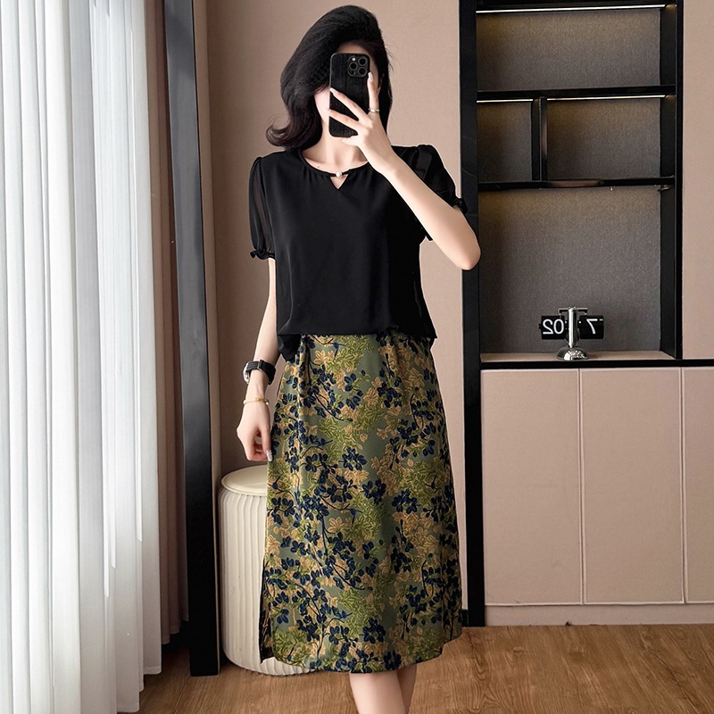 假两件套时尚洋气印花短袖连衣裙大码女装胖阔太太夏季新款显瘦