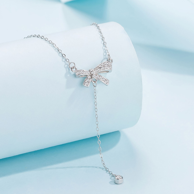 Holiday, Daily Occasion 925 Sterling Silver Material 925 Sterling Silver Zircon Plating Bow Knot Pendant Necklace