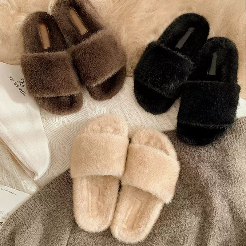 葡萄妈冬季新款保暖舒适宽一字带增高厚底外穿毛毛拖鞋女秋冬