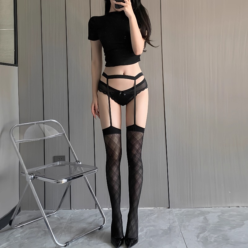 Sexy Rhomboid Wide-brim One-piece Sling Pure Emotional Black Silk Stockings Summer Thin Half-length Long-tube Over-the-Knee Socks