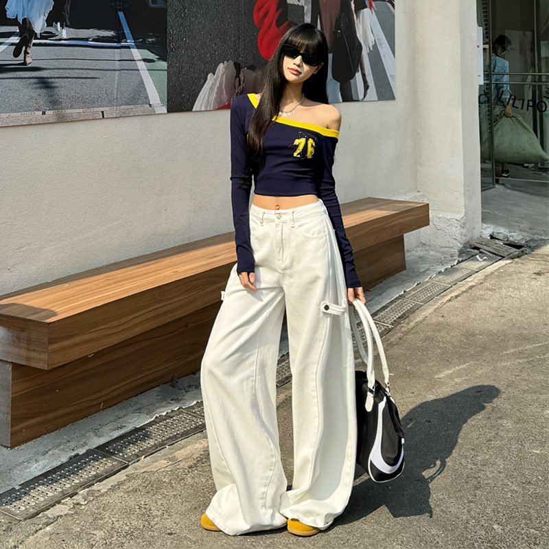 Lazy Retro Buckle Loose Wide Leg Jeans Women's 2025 Spring New Low Waist Dipped Straight Pants