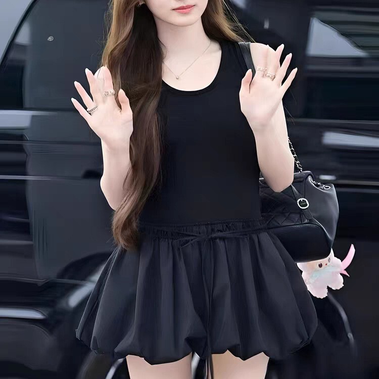 Anna Nakata Akane's Same Style French U-Neck Vest Dress Women's Summer Ballet Style Waist Bud Little Black Dress