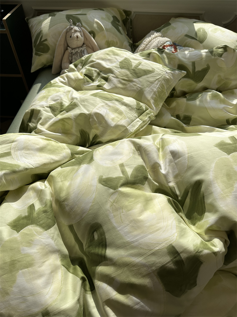 R9DCins绿色油画写意床上四件套郁金香1.5m米被套床单三