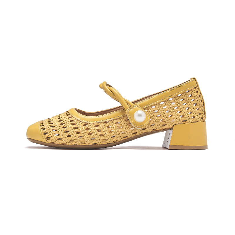 Zapatos Mary Jane Tejidos Augusden para Mujer, Estilo Verano 2026, para Usar al Aire Libre con Falda, Sandalias Amarillas con Diseño Hueco