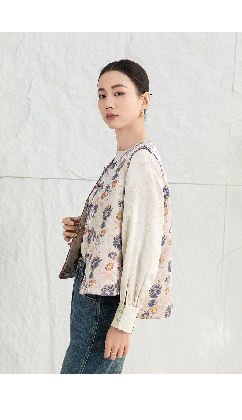 Áo vest cách tân Trung Quốc nữ satin cổ điển, tay loe, khuy cài nút vải — Màu tím sâm panh chi tiết 24