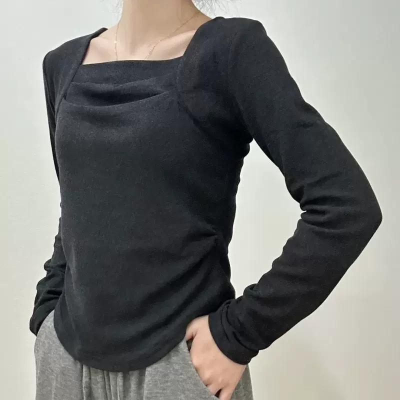 方领打底衫女2025秋冬t恤德绒加绒加厚新款内搭正肩长袖白色上衣