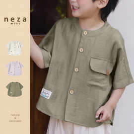 neza【夏日奶糖】儿童夏季衬衫棉麻男宝短袖宽松女童圆领薄款t恤