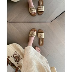 羊皮版~蘇茵茵同款盛夏晚風阿miu編織帶平底沙灘拖鞋女涼拖外穿