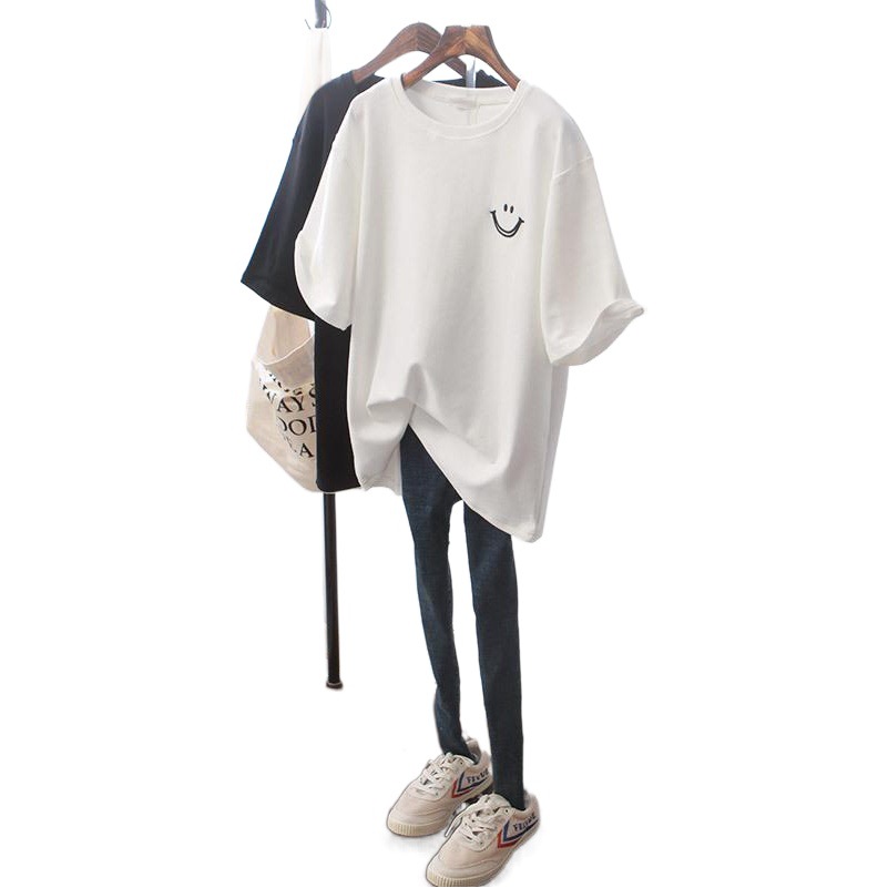 Camiseta blanca suelta de manga corta, top de estudiante, estampado de mujer, nueva ropa de mujer coreana, cabello de una pieza para mujer