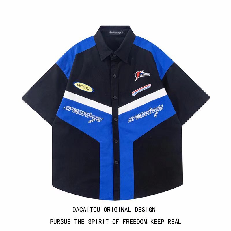 American Retro Embroidered Heavy Motorcycle Short-Sleeved Shirt Men's Trendy Summer Street Handsome Niche Racing Work Shirt