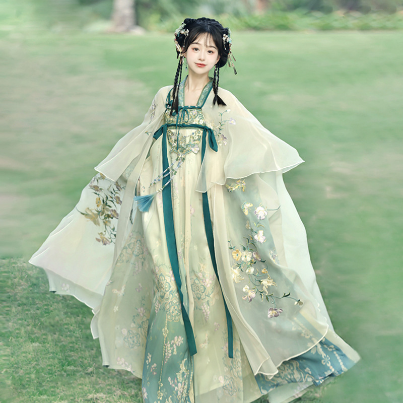 2026 Original Green Wave Hanfu for Women, Chinese Style Improved Han Elements Inner Dress, Cape, Shawl, and High-Waisted Skirt Set 9106 2026 Original Green Wave Hanfu for Women, Chinese Style Improved Han Elements Inner Dress, Cape, Shawl, and High-Waisted Skirt Set 9106