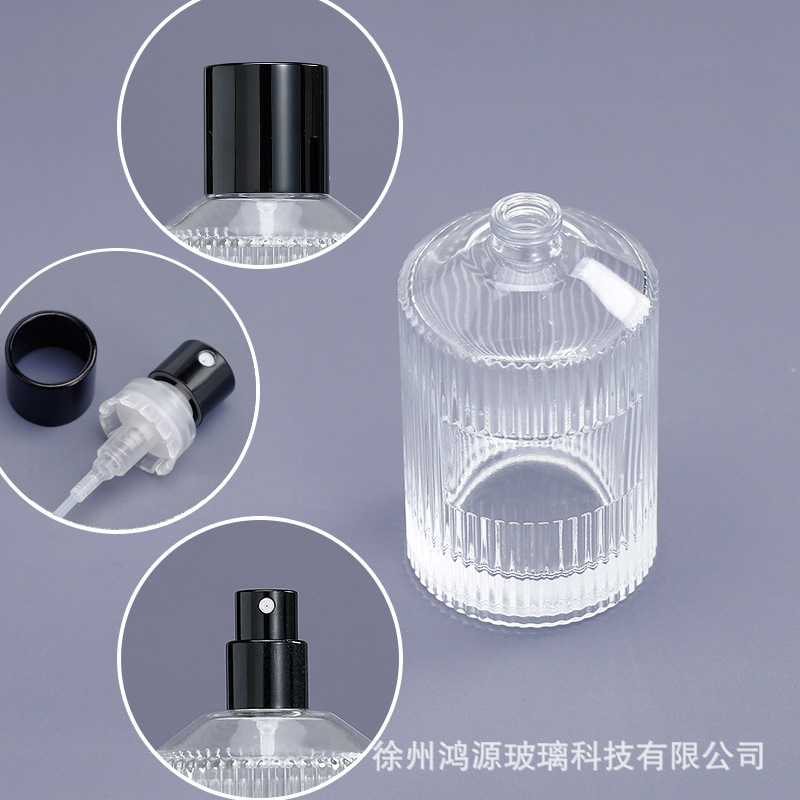Botella de perfume de vidrio al por mayor, subenvasado cosmético, botella de vidrio vacía, botella de spray de prensa, botella de perfume transparente, botella desnuda