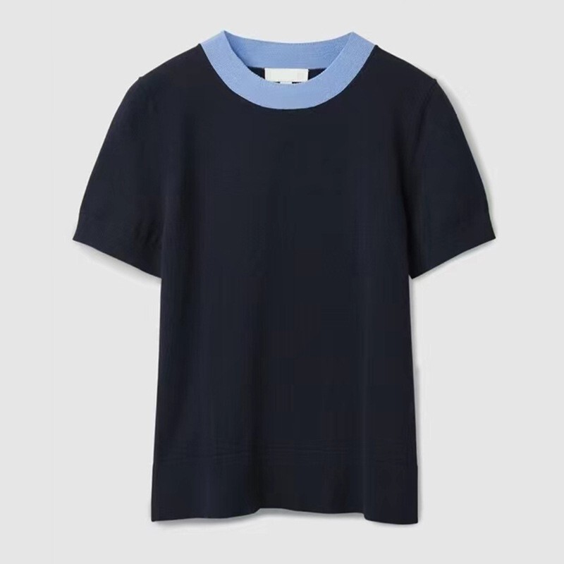 Minimalist Casual Loose Cotton Summer New Women's Color-Block Round Neck Pullover T-Shirt with Cos Style Color-Blocking Design