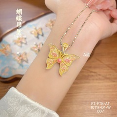 足银9999描金珐琅彩蝴蝶吊坠女国潮甜美风气质锁骨链时尚纯银套链