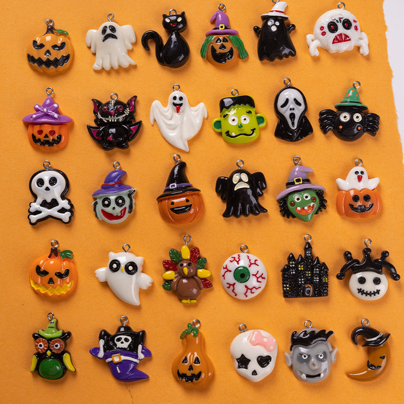 Halloween DIY Hand-Painted Resin Pumpkin Pendant Horror Accessories Ghost Ghost Head Cross-Border Set DIY Pendant Wholesale