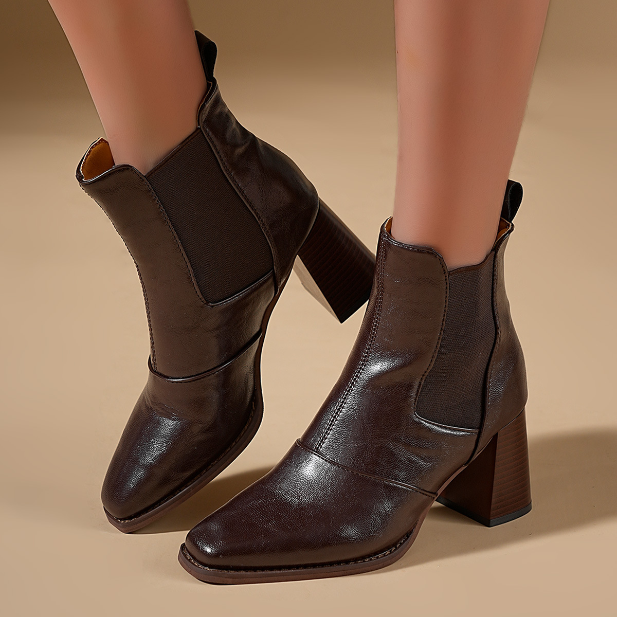 Women's Plus Size High Heeled Fashion Boots Chunky Heel Square Toe Elastic Cuff Martin Boots Winter New Style_voghion.com