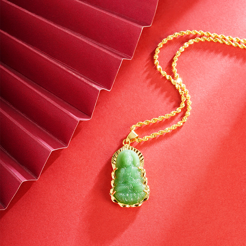 La Arena de oro vintage aceite verde hielo verde Guanyin colgante no se desvanece durante mucho tiempo con incrustaciones de oro de jade Guanyin Buda colgante transfronterizo venta al por mayor