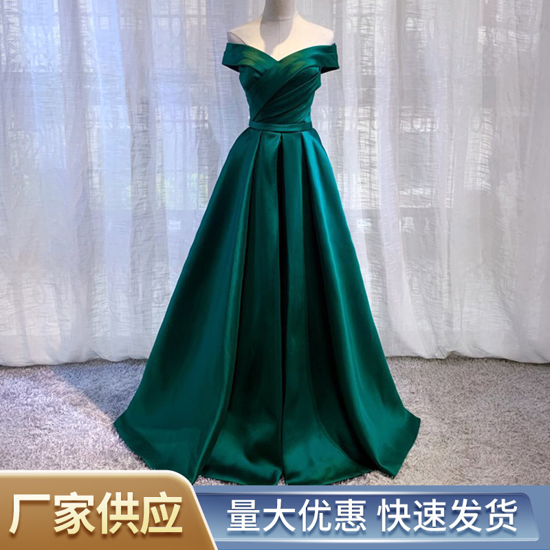 Off-Shoulder Satin Evening Dress Slim-Fit Slimming Performance Chorus Celebrity Banquet Annual Meeting Host Bride Toast Dress Off-Shoulder Satin Evening Dress Slim-Fit Slimming Performance Chorus Celebrity Banquet Annual Meeting Host Bride Toast Dress
