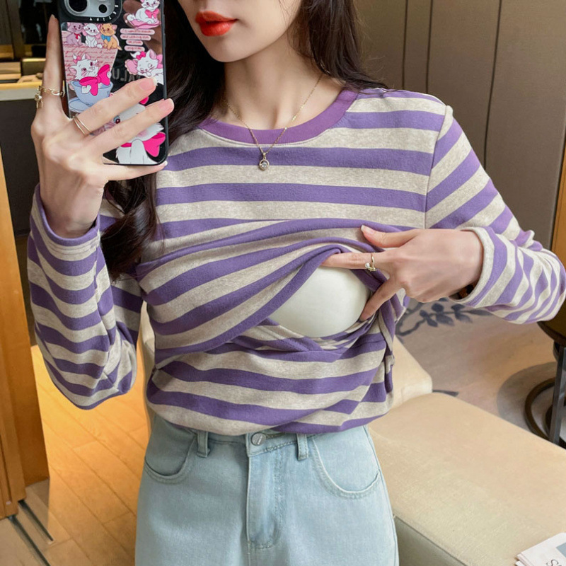 Maternity Wear 2025 Autum New Nursing Clothes Pure Cotton Brushed Stripesd T-Shirt Postpartum Versatile Slimming Look Nursing Clothes