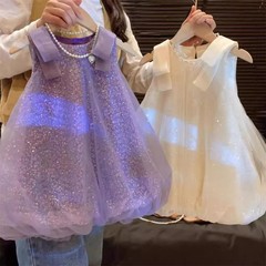 韓国版の夏のネットの赤いワンピースの洋気の女の子のスパンコールのネットの糸のベストのスカートの赤ちゃんのキラキラのガーターの子供のスカート