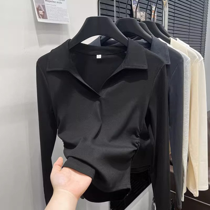 2025早秋正肩polo领长袖t恤衫女设计感褶皱收腰显瘦百搭打底上衣|undefined