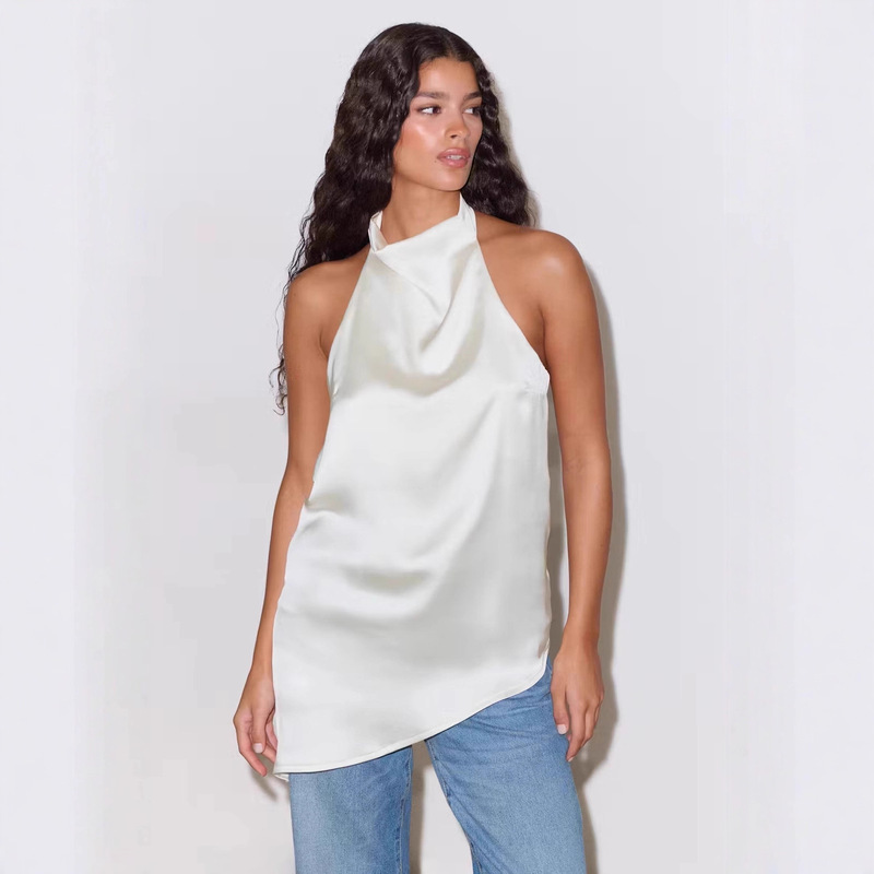 Cross-Border 2025 Hot-Selling Women's Sleeveless Satin Halter Top, European and American Style Loose Solid Color Top, Foreign Trade Wholesale Shirt