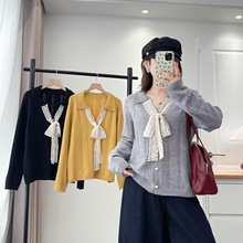 针织开衫女2025新款大码秋季胖mm时尚洋气设计感翻领蕾丝飘带毛衣