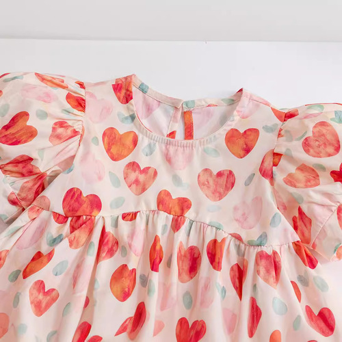 Girls Korean style cute peach color love dress  summer dress puff sleeves floral internet celebrity princess dress
