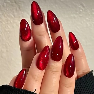 New Year Cherry Red Cat Eye Wear Armor Phototherapy Solid Color Wine Red Water Drops Almond Armor False Nail Prefabricated Armor 24 Pieces
