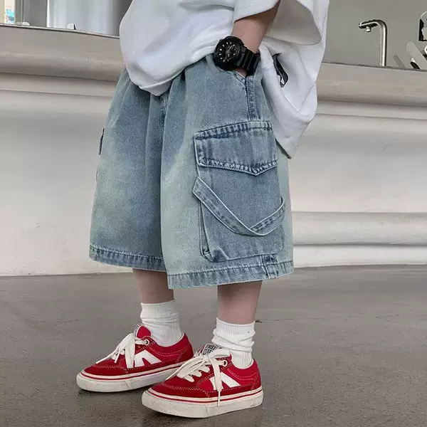 Boys' Summer Stylish Denim Shorts 2025 New Children's Workwear Style Pants Elastic Waist Five-Point Pants Trendy