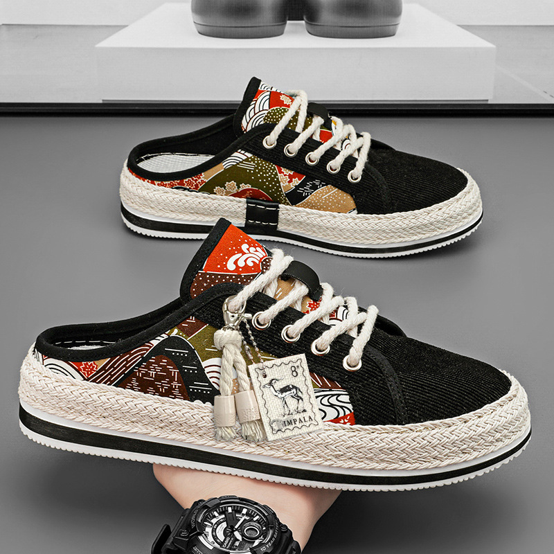 Zapatos de lona medio arrastre para hombre 2025 nuevas zapatillas de deporte casuales de verano delgadas, transpirables, zapatos de tela de trabajo perezosos