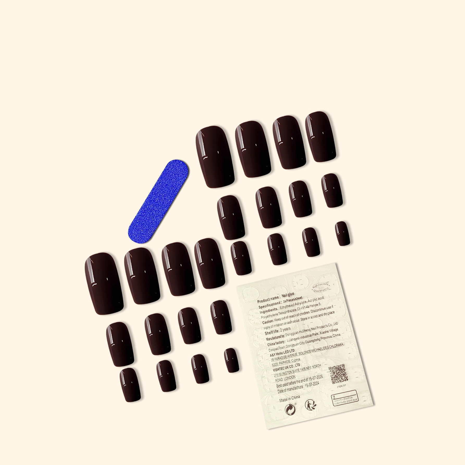 Comercio exterior largo color café oscuro desgaste de uñas de color sólido dulce simple parche de uñas 24 piezas de estilo elegante