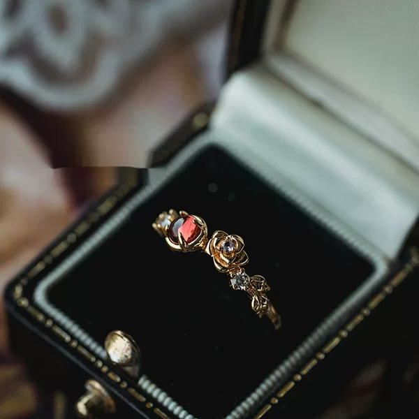 Venus Garnet Color Treasure Rose Ring Women's ins Japanese Style Light Luxury Simple Sweet Jewelry Gold Plated