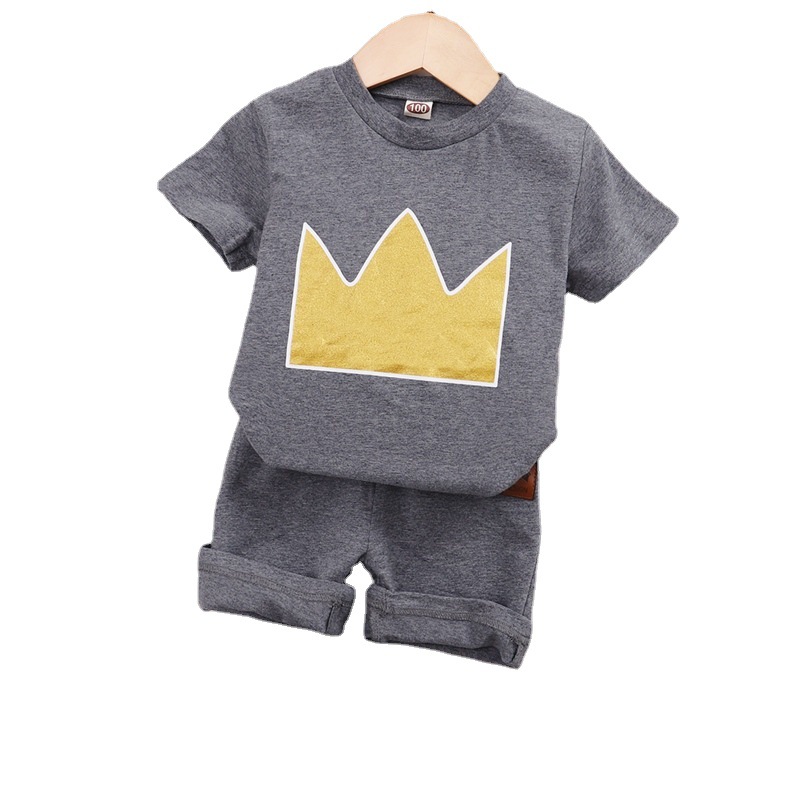 Boys Spring And Autumn 2021 New Korean Version Of The Popular Short-sleeved Crown Printing Top + Solid Color Shorts Two-piece Set