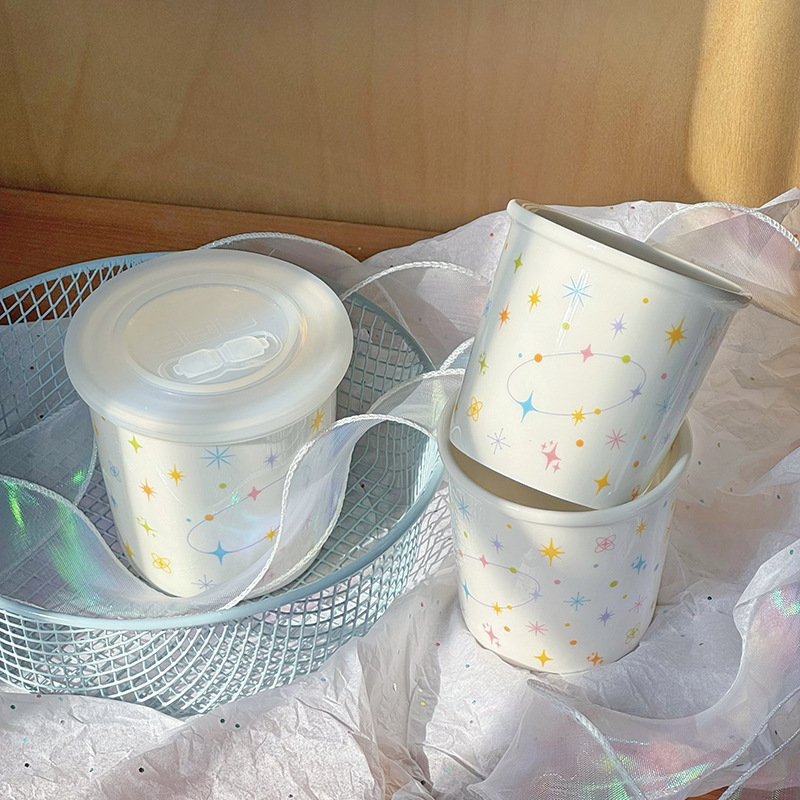 新品insカラー波点コーヒーカップ手持ちセラミックカップヨーグルトカップ蓋付き密封マグカップ高颜値|undefined