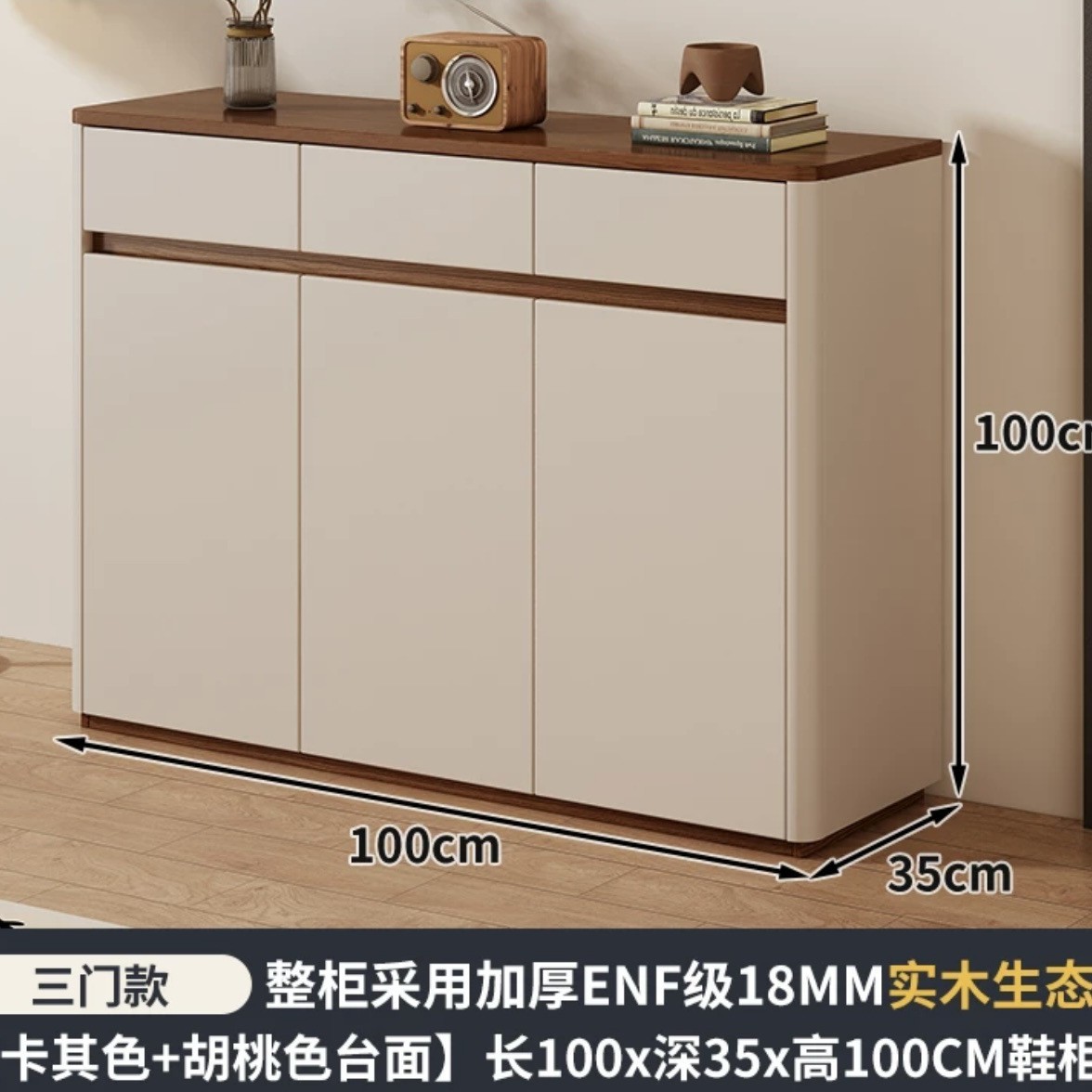 E0级18MM实木板-三门100卡其色＋胡桃色台面