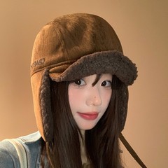 韩国麂皮绒雷锋帽秋冬季帽子女款加绒护耳冷帽骑车防风加厚保暖帽