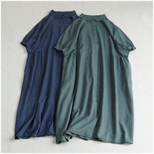 日系文艺垂顺宽大短袖娃娃领连衣裙 夏季森系单排扣棉麻a字裙女