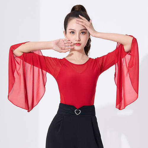 Modern dance top Latin dance practice national standard ballroom dance jitterbug fashion dance top trumpet sleeve performance clothing