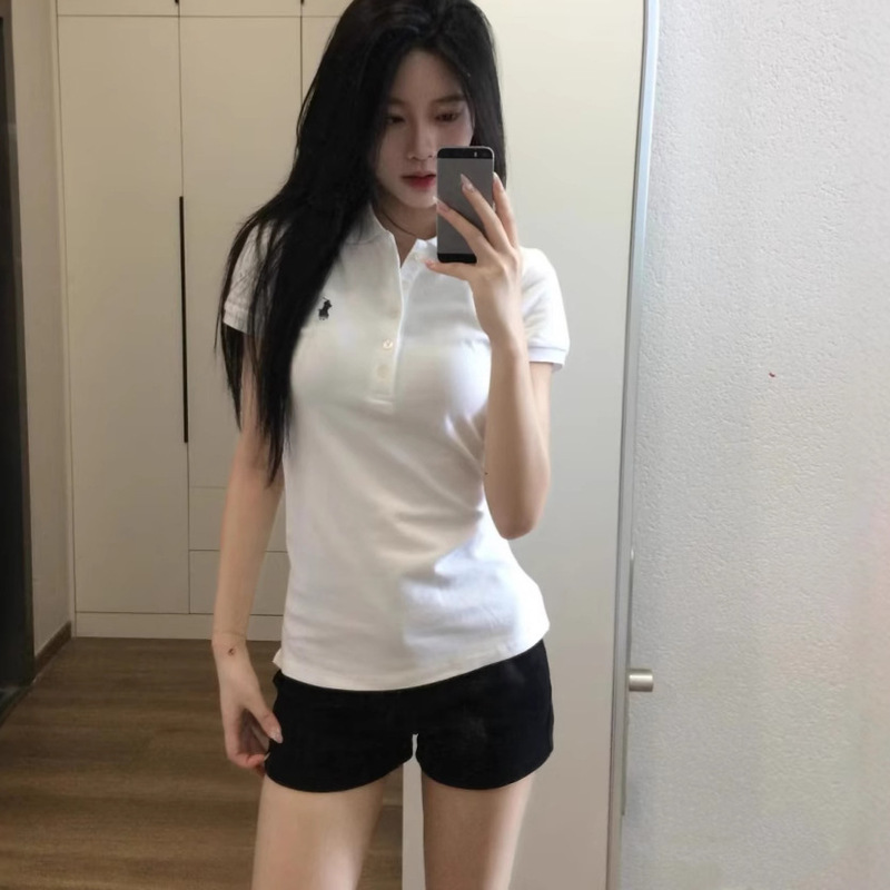 High-Quality Rl Ralph Polo Shirt Classic Five-Button Slim Basic Style Turn-Down Collar Short-Sleeve Versatile Korean Women's Style