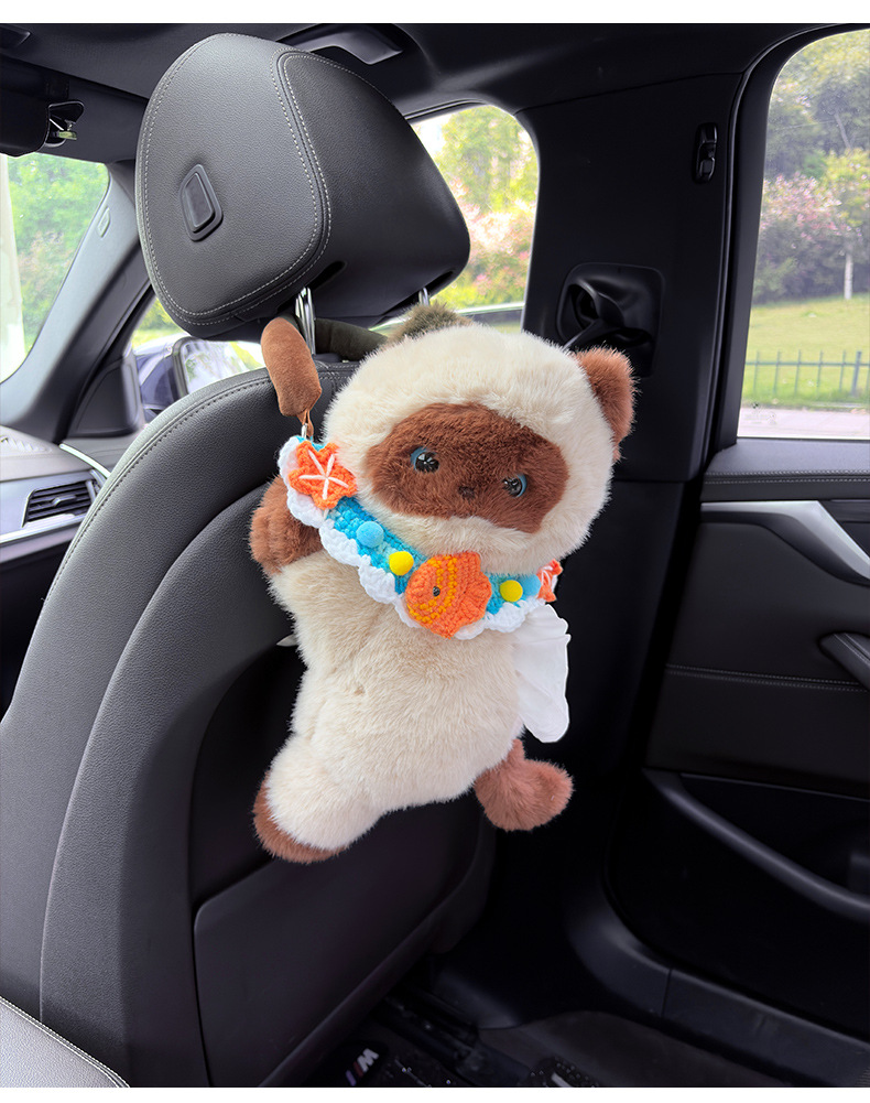 New cat-themed car tissue box, cute cartoon car seat back hanging tissue box, creative plush toy hanging bag