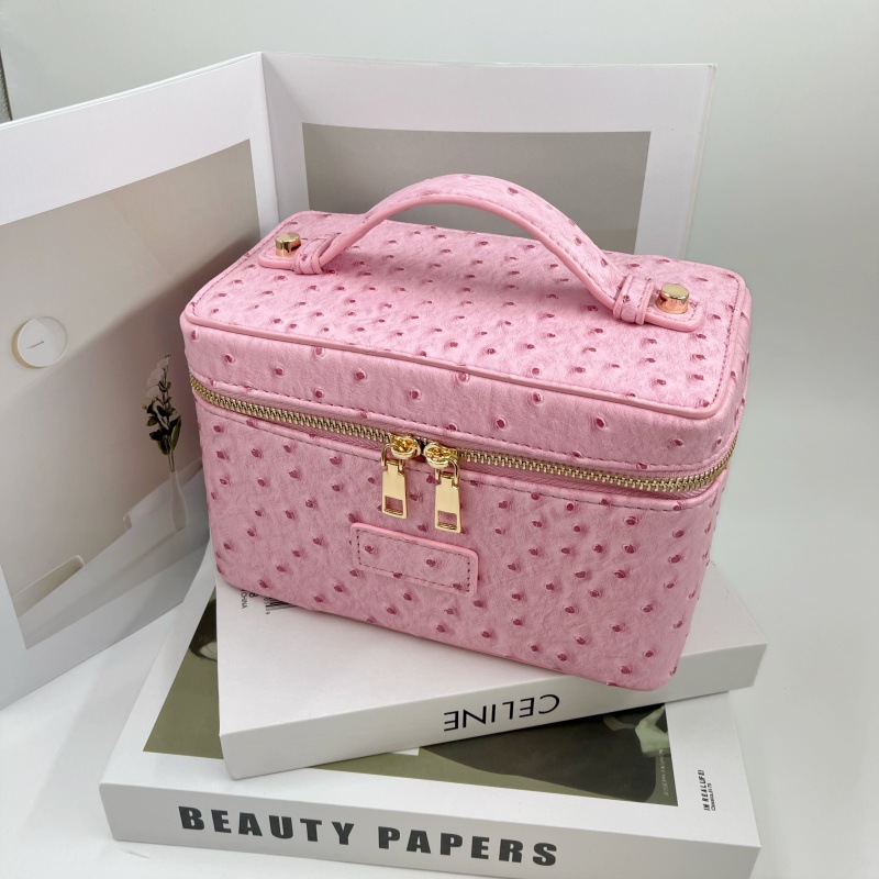 New cross-border ostrich-pattern handbag-style makeup bag with compartments, large capacity, portable leather cosmetic bag