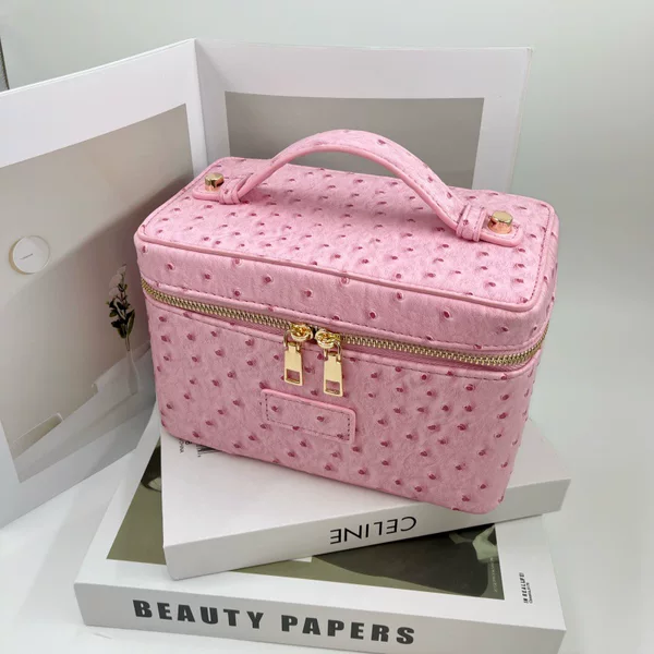 New cross-border ostrich-pattern handbag-style makeup bag with compartments, large capacity, portable leather cosmetic bag