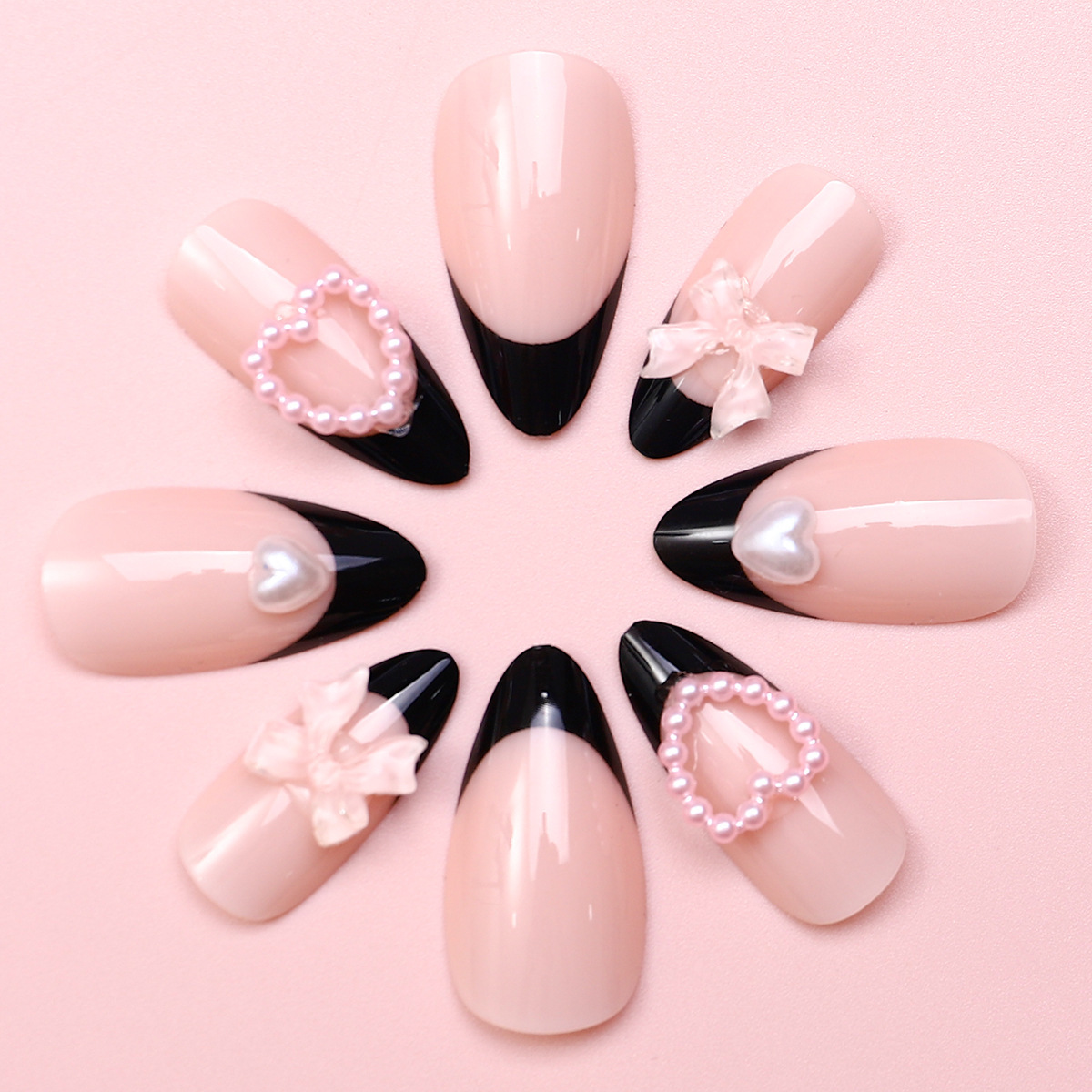 Uñas negras francesas desnudas de amor rosa arco de uñas falsas desmontables fabricantes de fuentes de uñas