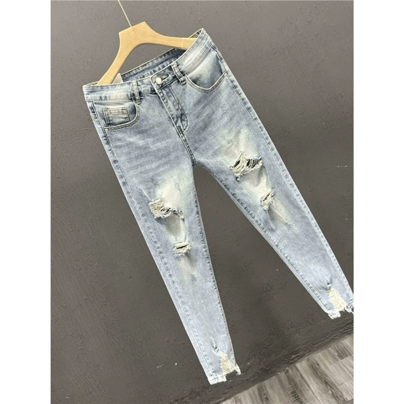 Ретро светлые джинсы, эластичные тонкие брюки, slim fit