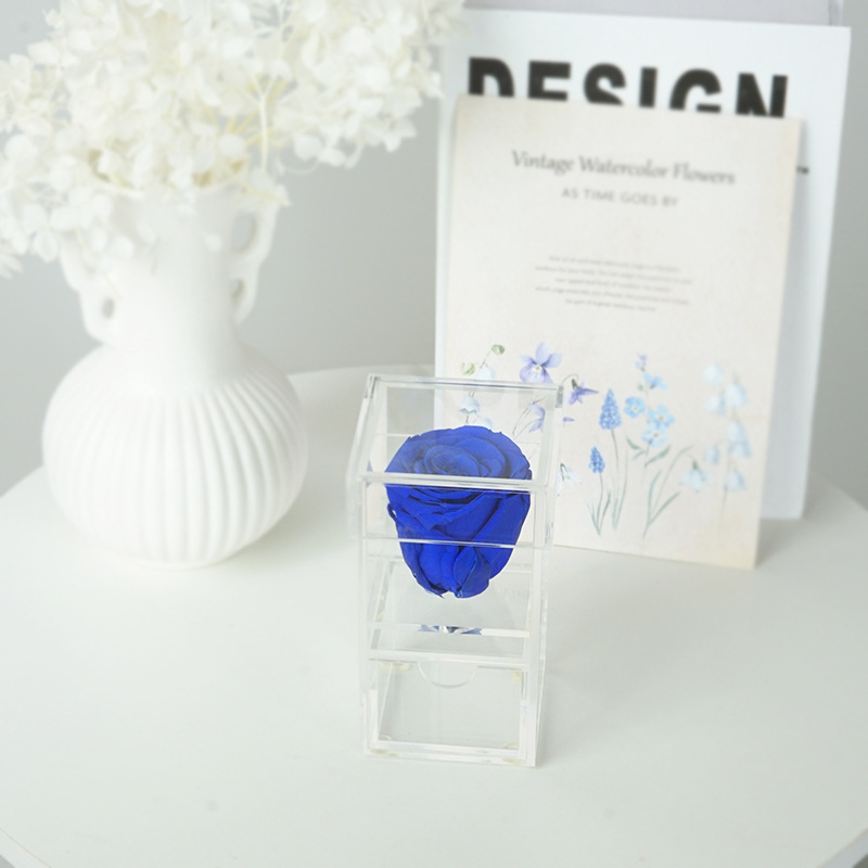 Amazon suministro de comercio exterior flor eterna acrílico 1 Agujero con cajón caja de almacenamiento Rosa caja de flores caja de regalo al por mayor