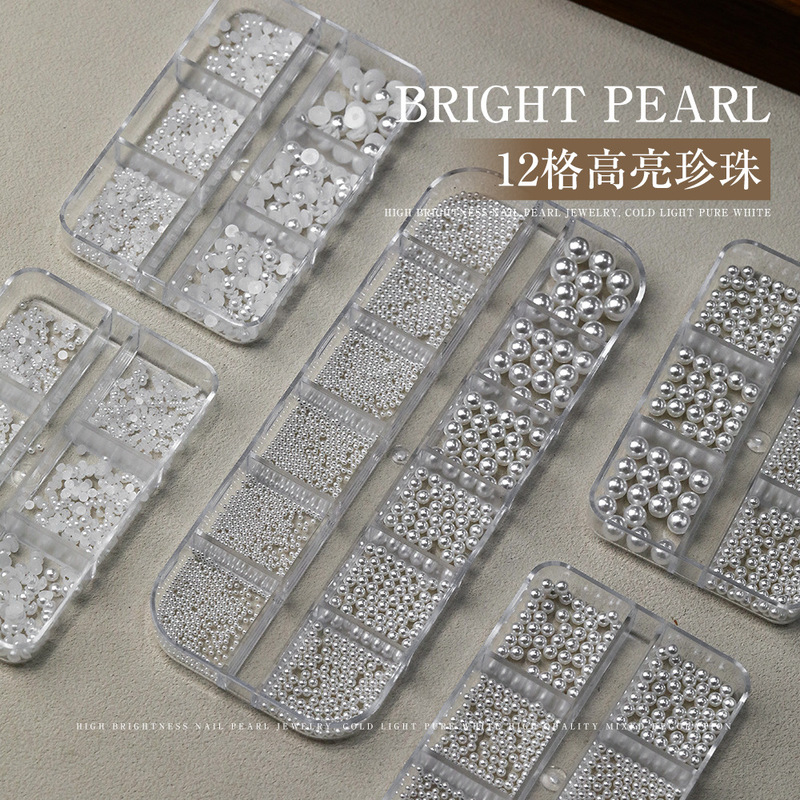 Mixed Pearl Nail Art Jewelry Highlight Pure White Flat Bottom Half Circle Full Circle 12 6 Boxed Nail Art Accessories Wholesale