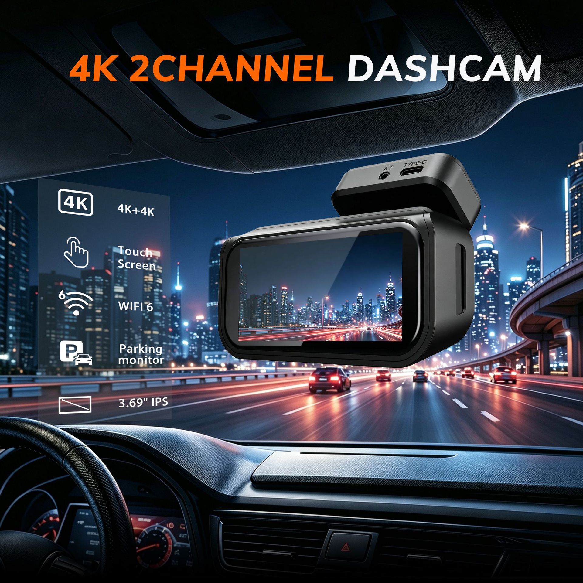 Cross-border 4K front and rear dual-recording dashcam WiFi6 mobile app connected car video recorder for foreign trade