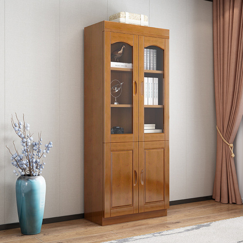Solid wood bookcase with glass door, simple Chinese bookshelf storage, modern storage rack, office file cabinet, storage cabinet
